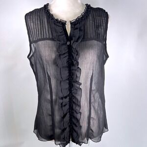 Covington Womens Black Sheer Pleated Ruffle Sleeveless Button Front Top Size S
